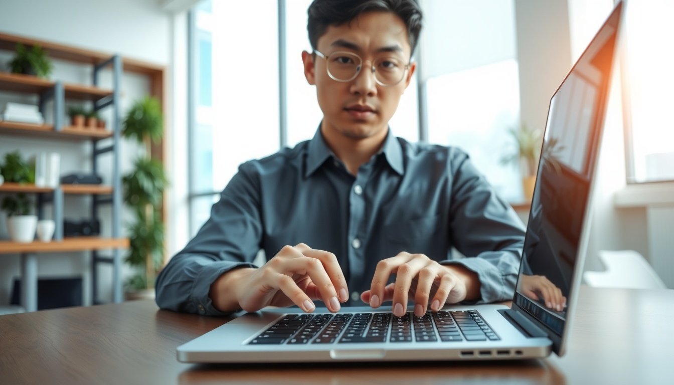 구글챗GPT 초보자 시작하는 법 - Korean man upper body shot with face visible, using laptop in office environment, natural hands typing on keyboard, ChatGPT beginner guide concept