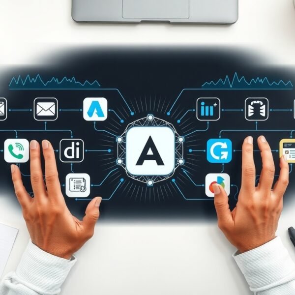 생성형 AI 종류 - flat lay of multiple AI app icons on a dark digital background, generative AI types comparison concept, overhead view