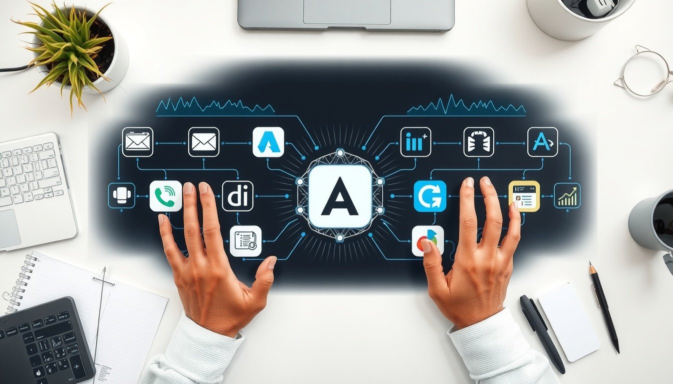 생성형 AI 종류 - flat lay of multiple AI app icons on a dark digital background, generative AI types comparison concept, overhead view