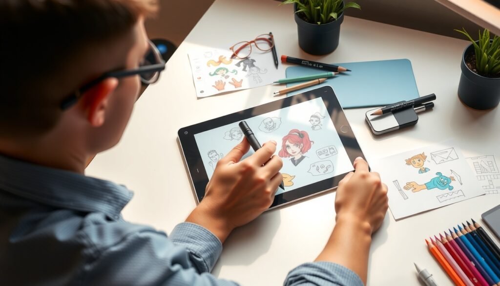 버츄얼만들기 - flat lay of drawing tablet, stylus, and colorful character design sketches on white desk, virtual avatar making concept