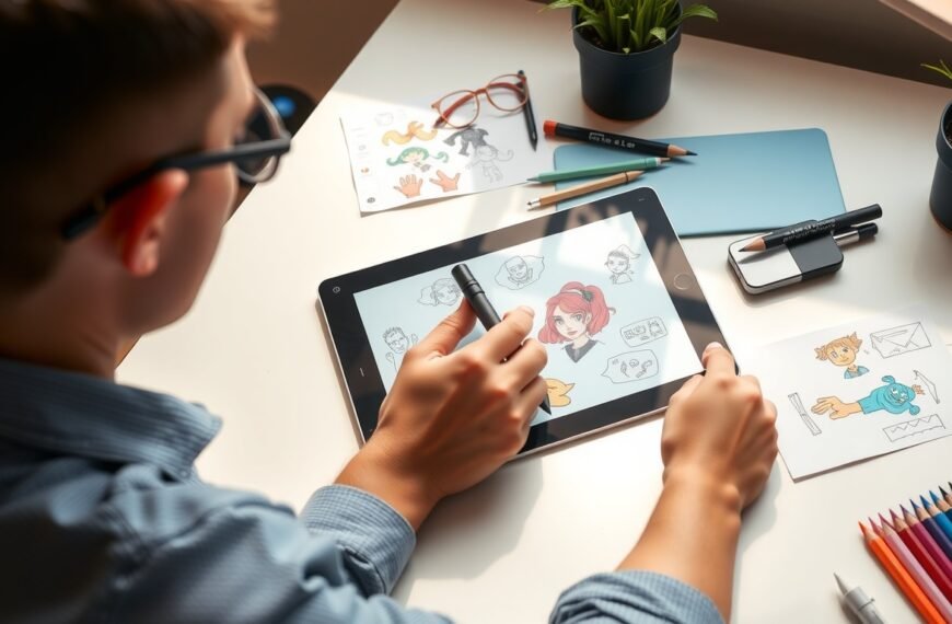 버츄얼만들기 - flat lay of drawing tablet, stylus, and colorful character design sketches on white desk, virtual avatar making concept