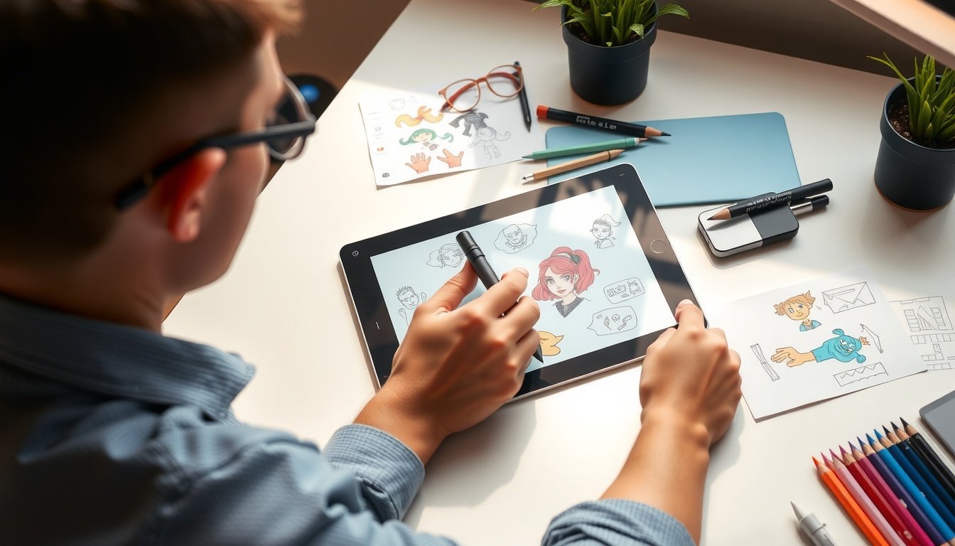 버츄얼만들기 - flat lay of drawing tablet, stylus, and colorful character design sketches on white desk, virtual avatar making concept