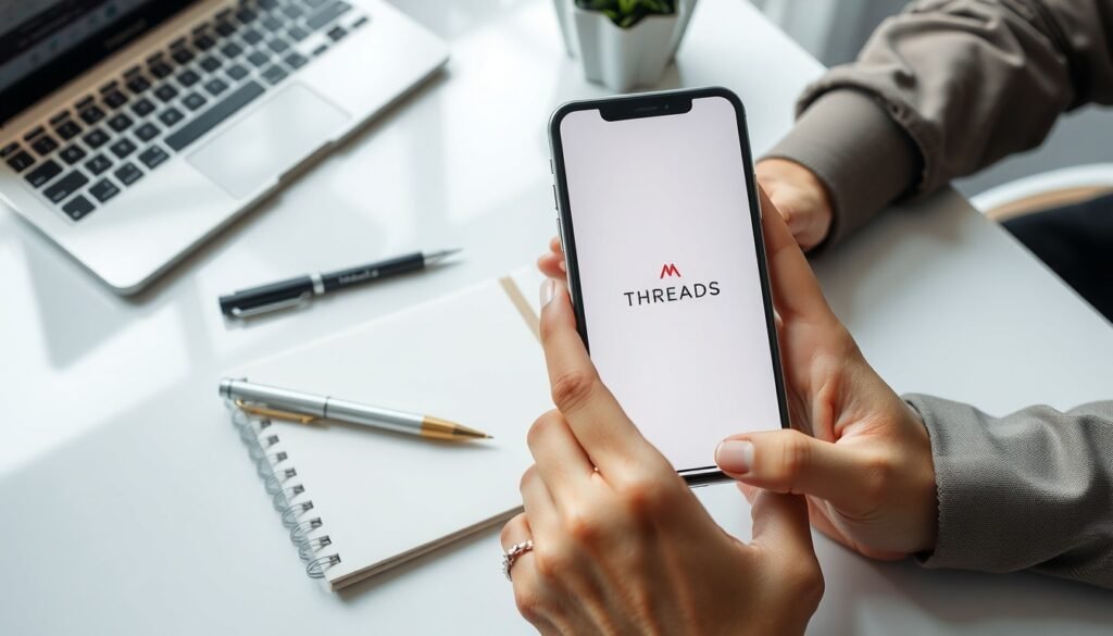 스레드 수익화 방법 - flat lay of smartphone displaying Threads app logo on white desk with notebook and pen, Threads monetization strategy concept