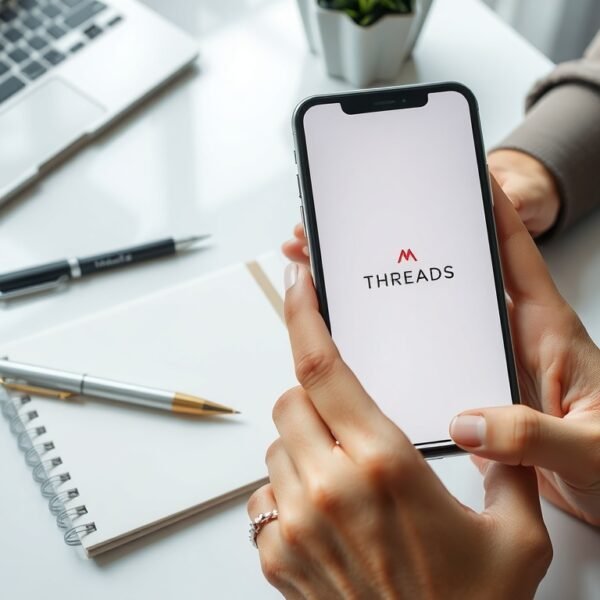 스레드 수익화 방법 - flat lay of smartphone displaying Threads app logo on white desk with notebook and pen, Threads monetization strategy concept