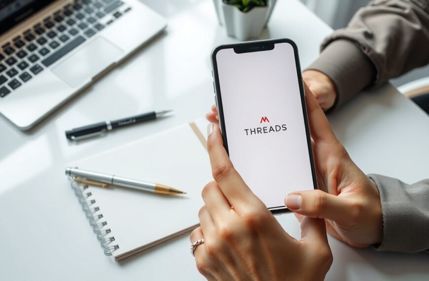 스레드 수익화 방법 - flat lay of smartphone displaying Threads app logo on white desk with notebook and pen, Threads monetization strategy concept