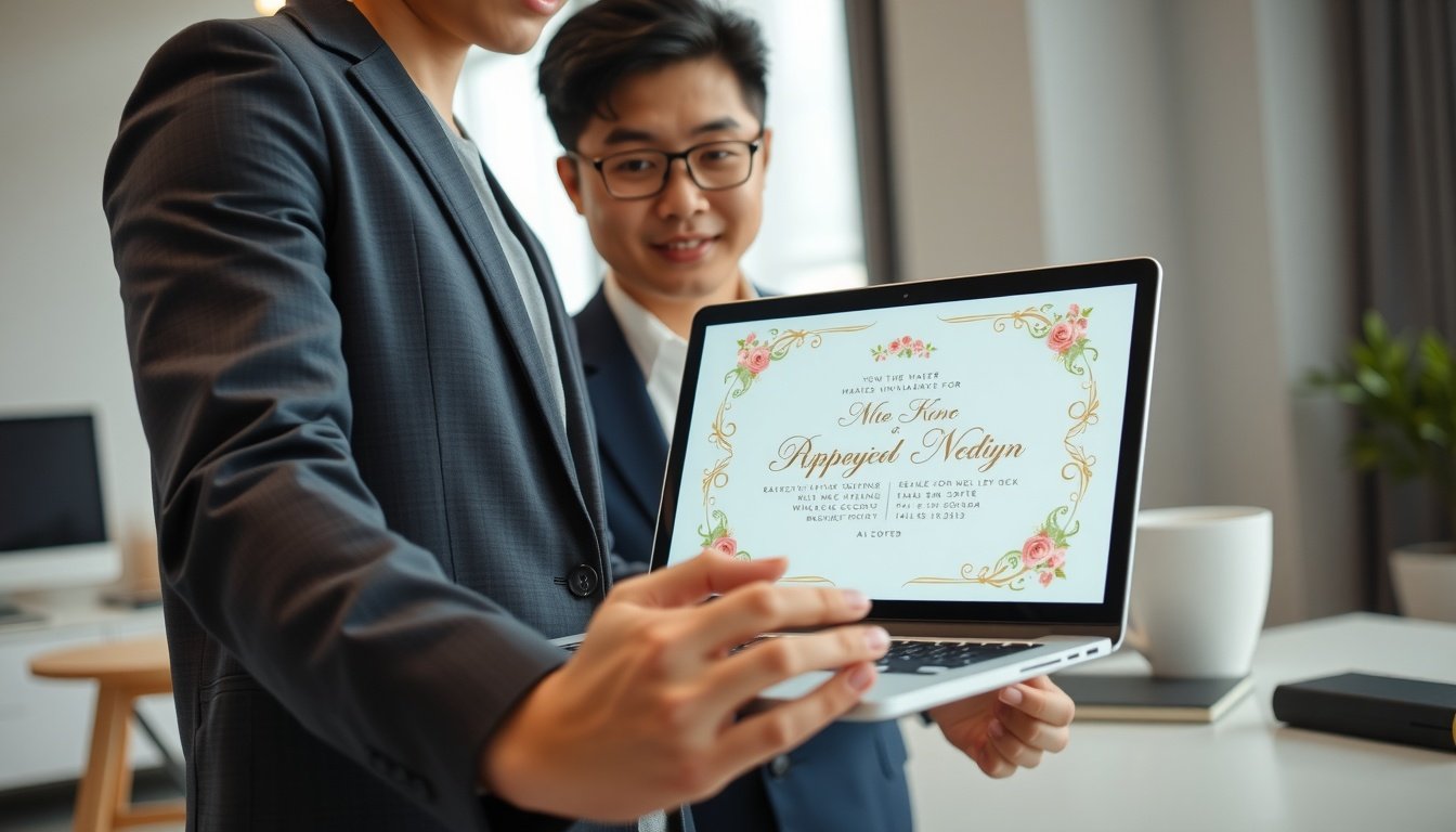 미리캔버스 청첩장 - Korean couple upper body shot with face visible, looking at wedding invitation design on laptop screen together, natural hands, bright indoor setting