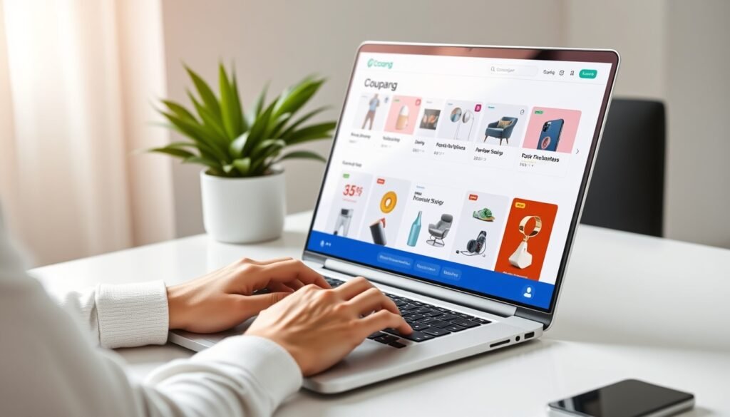 Person browsing Coupang affiliate dashboard on laptop with Korean e-commerce products displayed