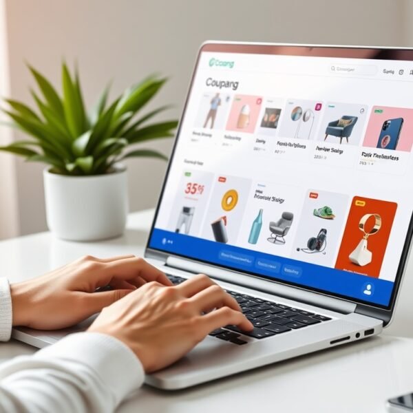 Person browsing Coupang affiliate dashboard on laptop with Korean e-commerce products displayed