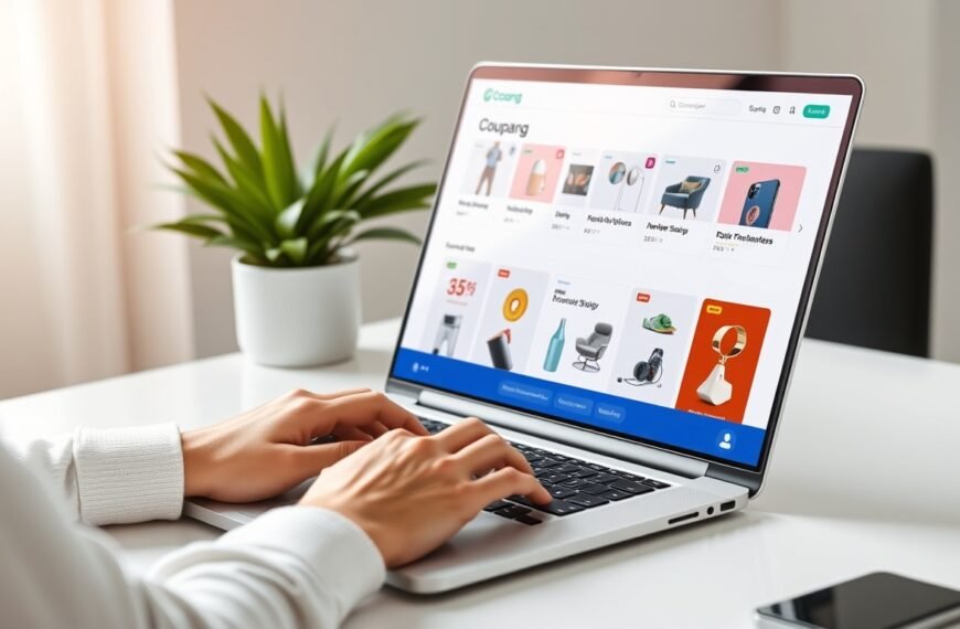 Person browsing Coupang affiliate dashboard on laptop with Korean e-commerce products displayed