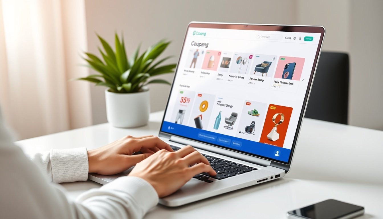 Person browsing Coupang affiliate dashboard on laptop with Korean e-commerce products displayed