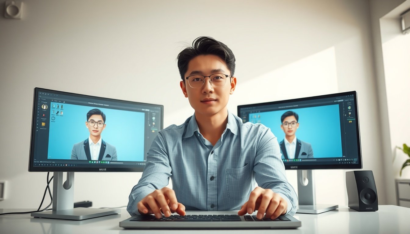 버츄얼만들기 - Korean person upper body shot with face visible, sitting at desktop computer with dual monitors showing virtual avatar character creation software, natural hands on keyboard