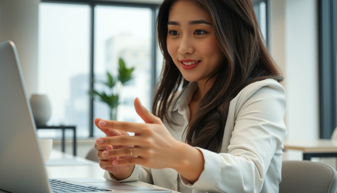 무료챗gpt GPT - Korean woman upper body shot with face visible, using ChatGPT free plan on laptop screen in bright office, natural hands