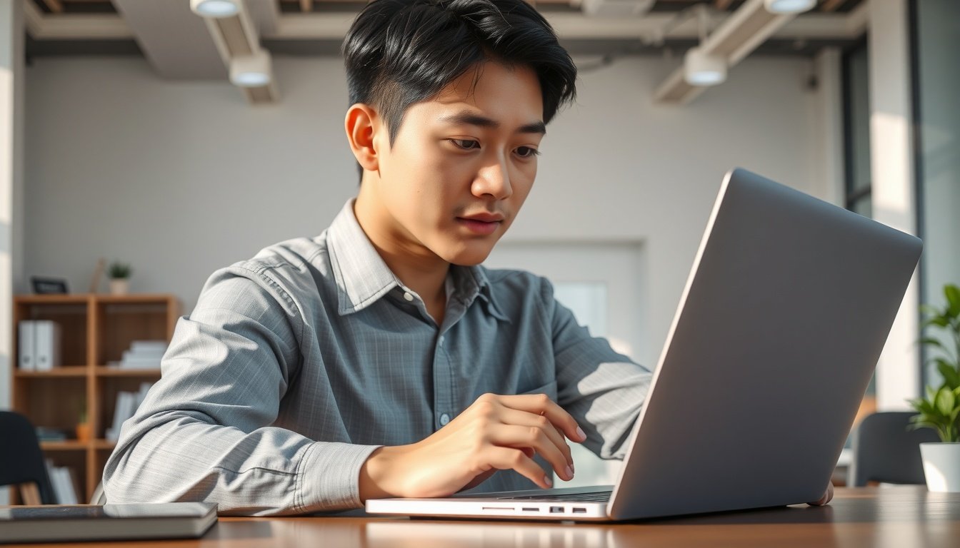FLEXTV - Korean young man upper body shot with face visible, reviewing government support application on laptop screen with natural hands in office environment