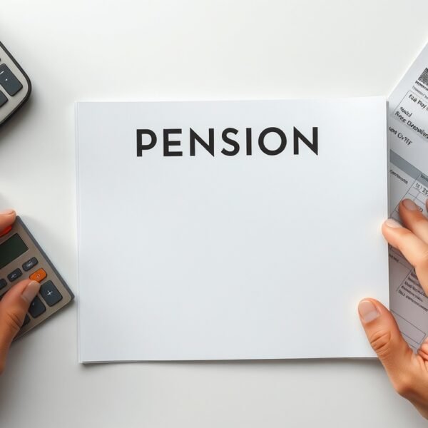 소득공제용 연금저축 - flat lay of pension savings book, calculator, and tax documents on white desk, income deduction retirement savings concept