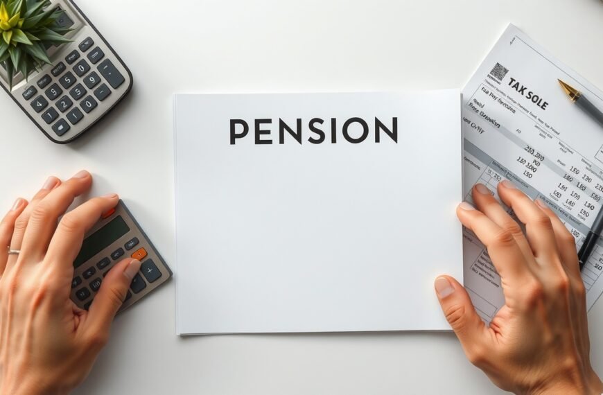 소득공제용 연금저축 - flat lay of pension savings book, calculator, and tax documents on white desk, income deduction retirement savings concept