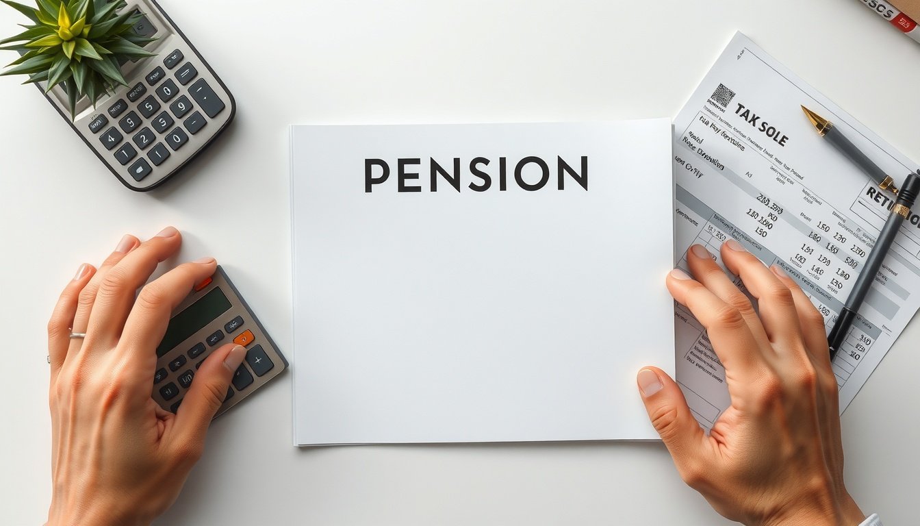 소득공제용 연금저축 - flat lay of pension savings book, calculator, and tax documents on white desk, income deduction retirement savings concept