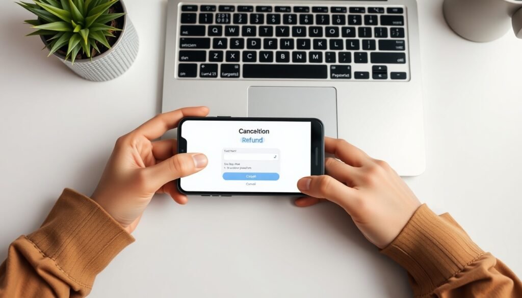 미리캔버스 해지 환불 - flat lay of smartphone and laptop on white desk showing design app subscription cancellation screen, mirricanvas refund concept