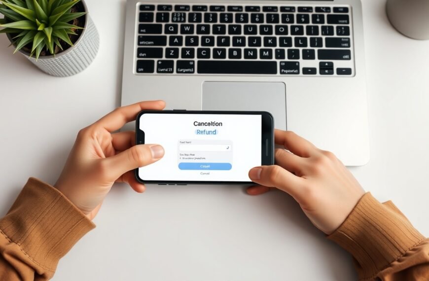 미리캔버스 해지 환불 - flat lay of smartphone and laptop on white desk showing design app subscription cancellation screen, mirricanvas refund concept