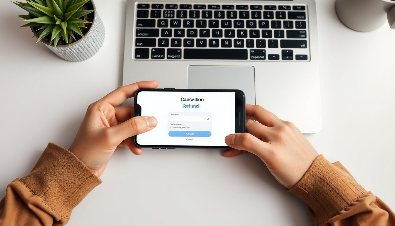 미리캔버스 해지 환불 - flat lay of smartphone and laptop on white desk showing design app subscription cancellation screen, mirricanvas refund concept