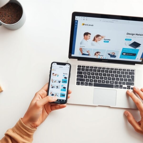 미리캔버스 가격 - flat lay of laptop and smartphone showing Miricanvas design tool interface on white desk, digital design concept