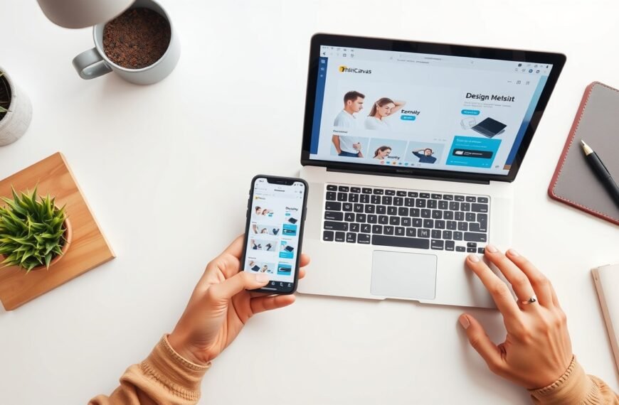 미리캔버스 가격 - flat lay of laptop and smartphone showing Miricanvas design tool interface on white desk, digital design concept