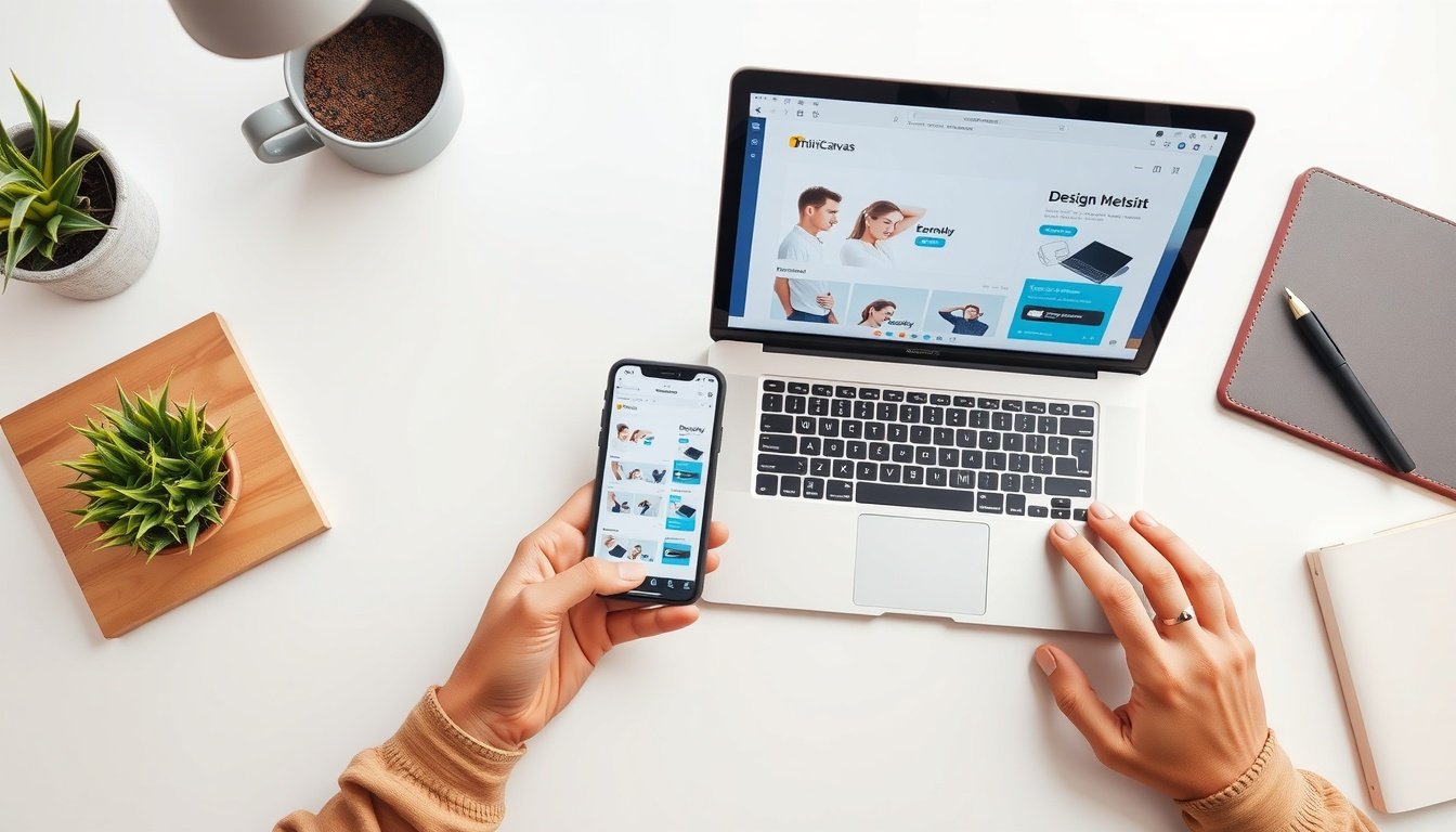 미리캔버스 가격 - flat lay of laptop and smartphone showing Miricanvas design tool interface on white desk, digital design concept