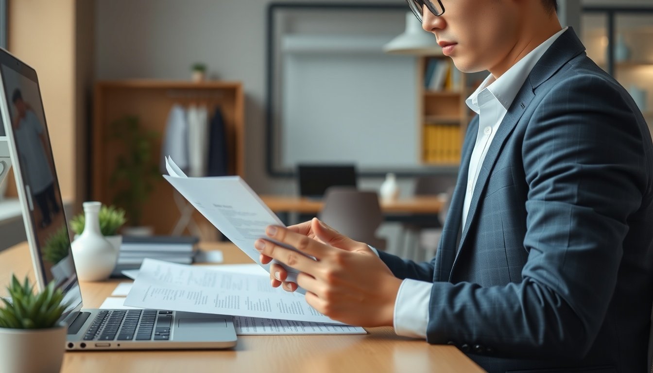청년 창업 지원금 지원금 - Korean young entrepreneur upper body shot with face visible, reviewing startup documents at modern office desk, natural hands,청년 창업 지원금 application concept