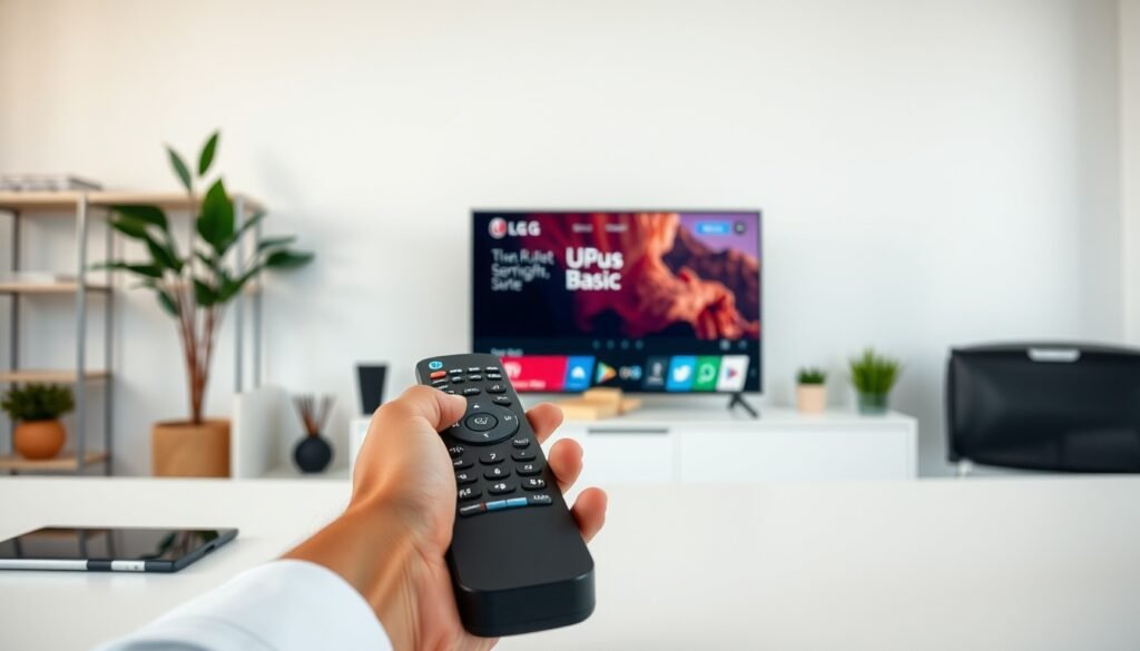 유플러스티비베이직 - flat lay of remote control and smart TV display showing LG Uplus TV Basic service interface on white desk