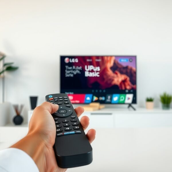 유플러스티비베이직 - flat lay of remote control and smart TV display showing LG Uplus TV Basic service interface on white desk