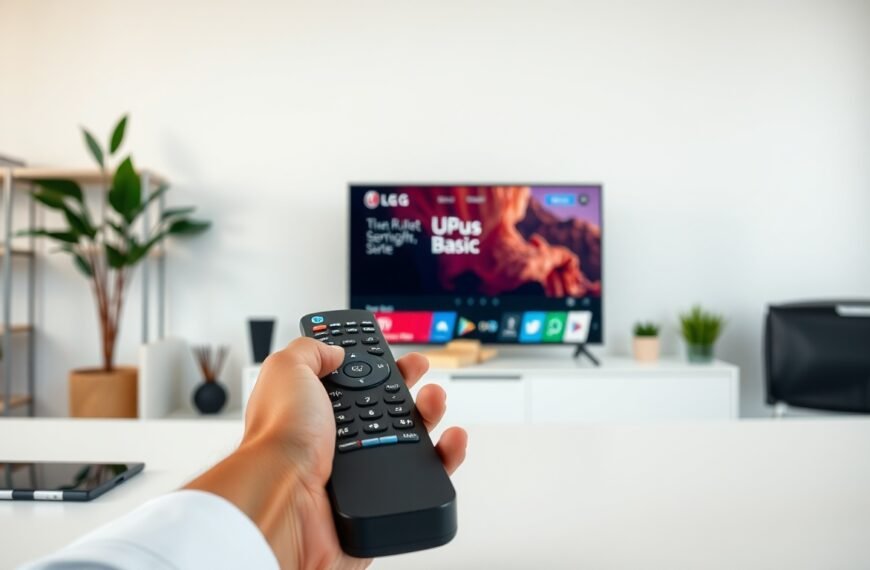 유플러스티비베이직 - flat lay of remote control and smart TV display showing LG Uplus TV Basic service interface on white desk