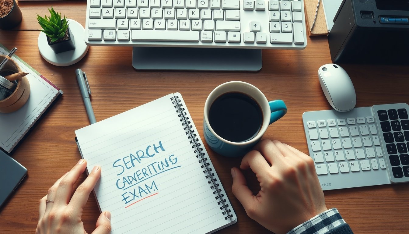 검색광고마케터1급 - flat lay of search advertising marketer certification exam preparation materials, keyboard, notebook with handwritten notes, and coffee cup on wooden desk