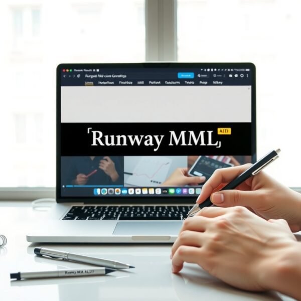 runway ml 무료 - flat lay of laptop screen showing Runway ML AI video generation interface, creative workspace with notebook and pen, runway ml free plan concept