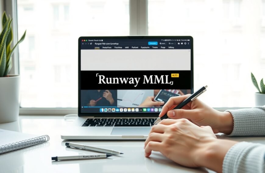 runway ml 무료 - flat lay of laptop screen showing Runway ML AI video generation interface, creative workspace with notebook and pen, runway ml free plan concept