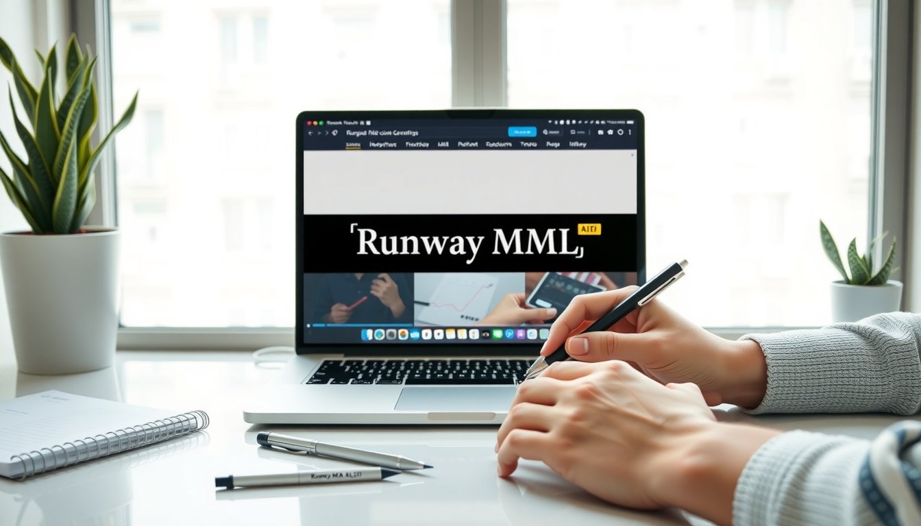 runway ml 무료 - flat lay of laptop screen showing Runway ML AI video generation interface, creative workspace with notebook and pen, runway ml free plan concept