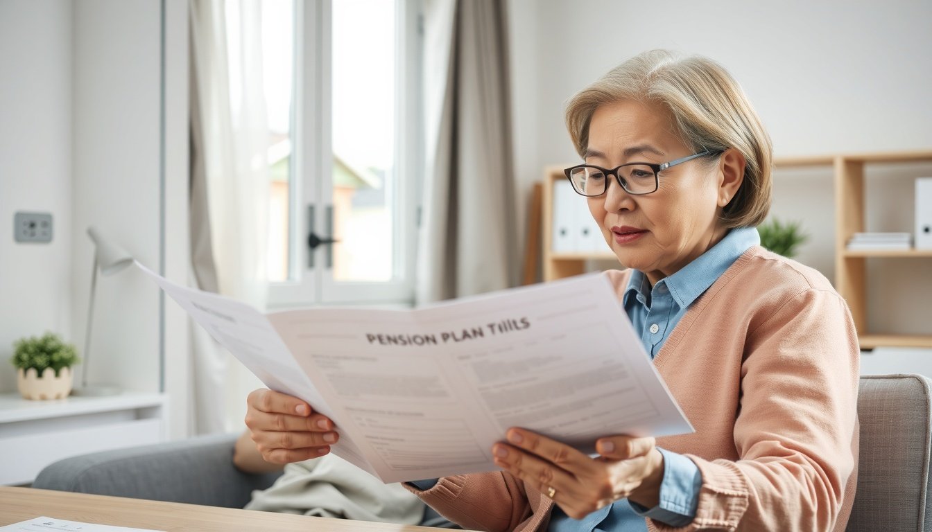 톤틴연금 - Korean senior couple upper body shot with face visible, reviewing pension plan documents at home, natural hands