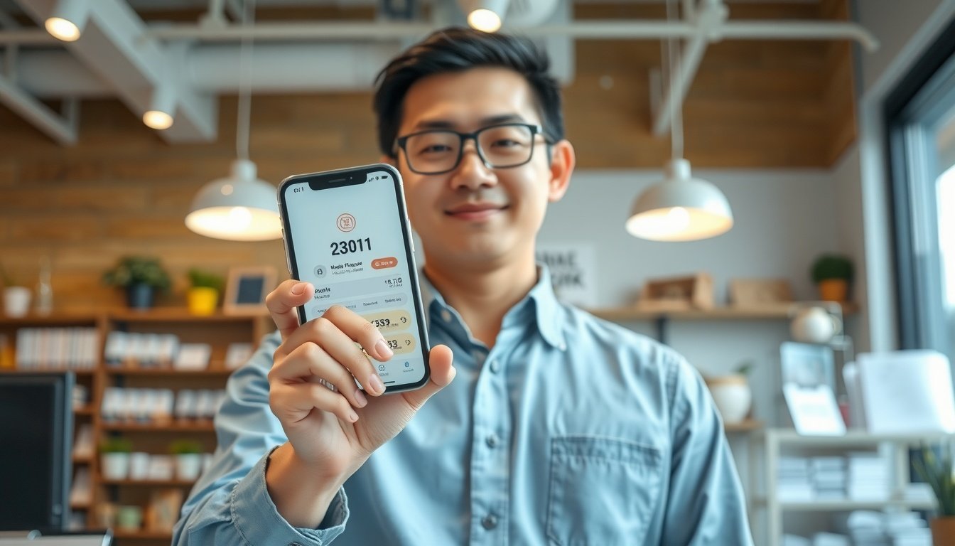 소상공인 지원금 지원금 - Korean small business owner upper body shot with face visible, holding smartphone showing regional currency app, natural hands, bright shop interior background