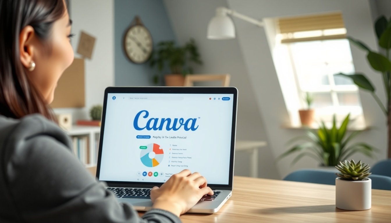 캔바 사용법 강의 - Korean woman upper body shot with face visible, smiling while using Canva on laptop screen in bright home office, natural hands, canva tutorial