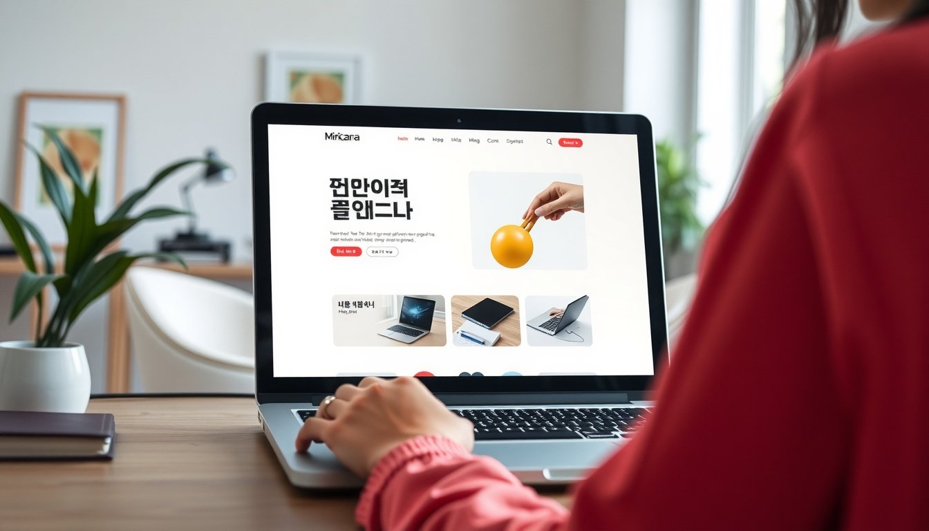 미리캔버스 다운로드 안됨 - upper body shot of Korean woman with face visible, looking at laptop screen showing miricanvas design template, natural hands, bright home office background