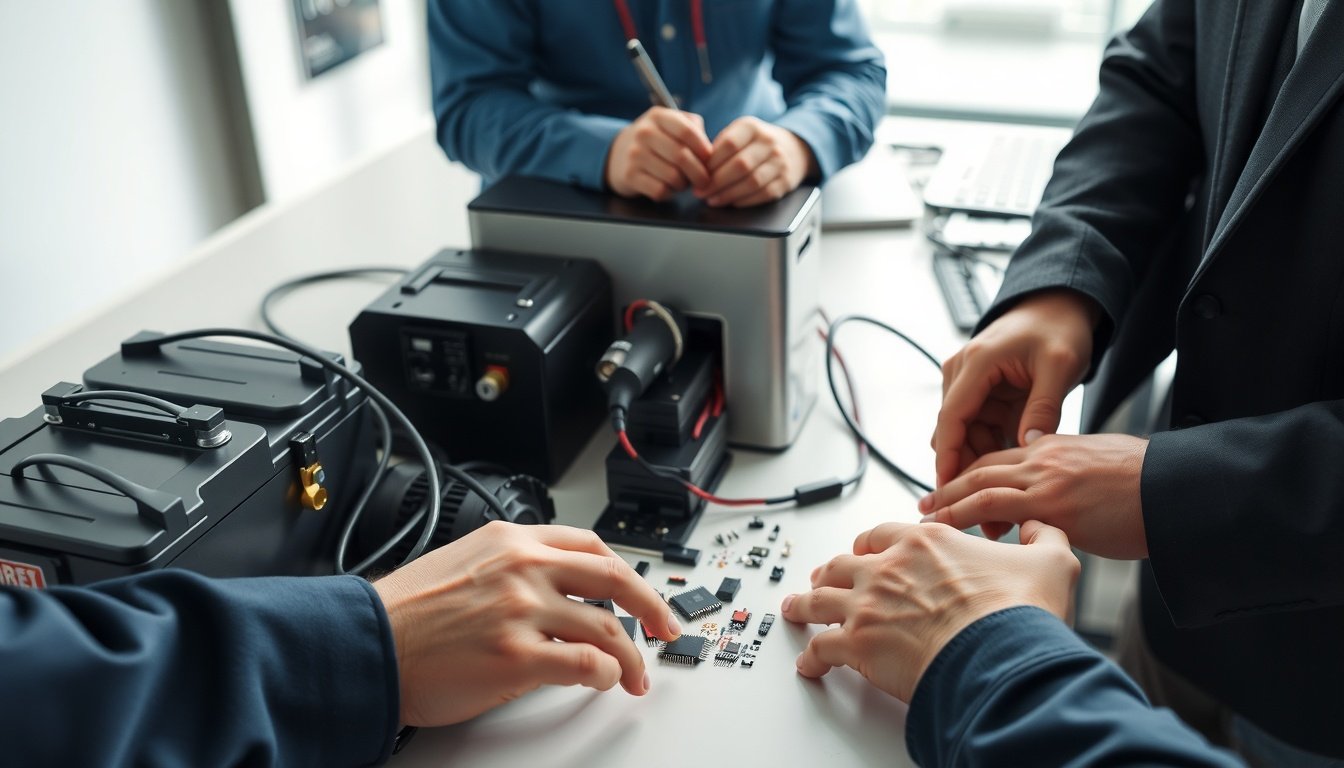 다원넥스뷰 - flat lay of electric vehicle battery testing equipment and power semiconductor components, technology investment concept