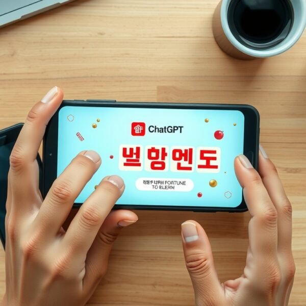 챗지피티 무료사주 - flat lay of smartphone displaying ChatGPT interface with traditional Korean fortune-telling concept, overhead view on wooden desk