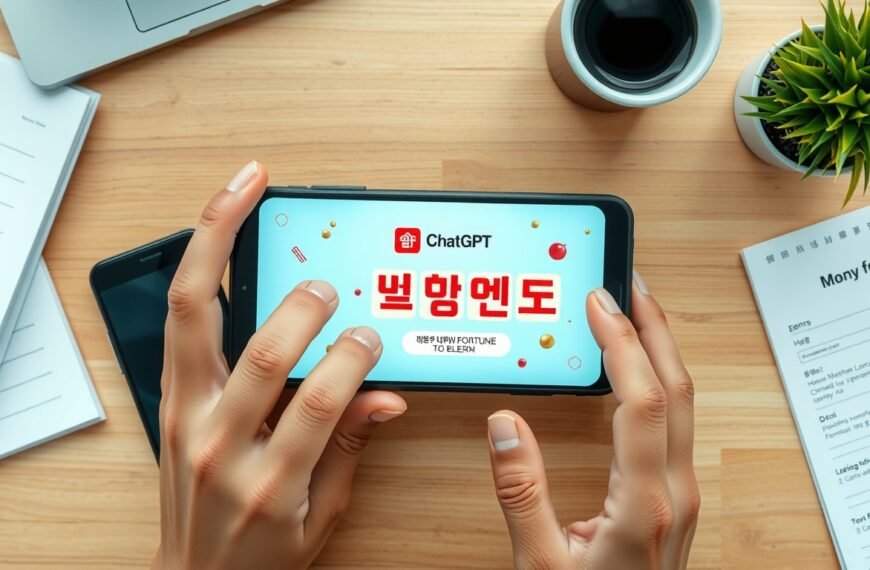 챗지피티 무료사주 - flat lay of smartphone displaying ChatGPT interface with traditional Korean fortune-telling concept, overhead view on wooden desk