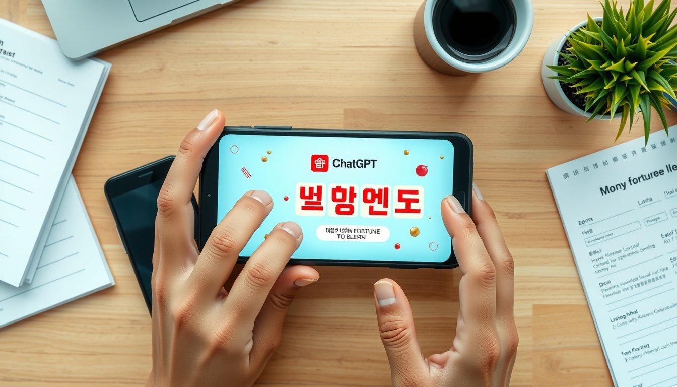 챗지피티 무료사주 - flat lay of smartphone displaying ChatGPT interface with traditional Korean fortune-telling concept, overhead view on wooden desk