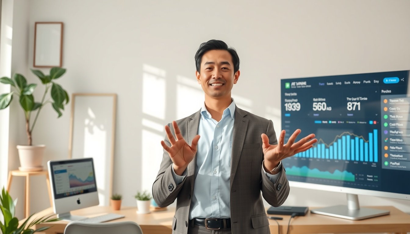구글챗GPT 직장인 부업 활용법 - Korean professional full body shot with face visible, standing in home office presenting AI-powered side income results on monitor screen, natural hands, confident posture