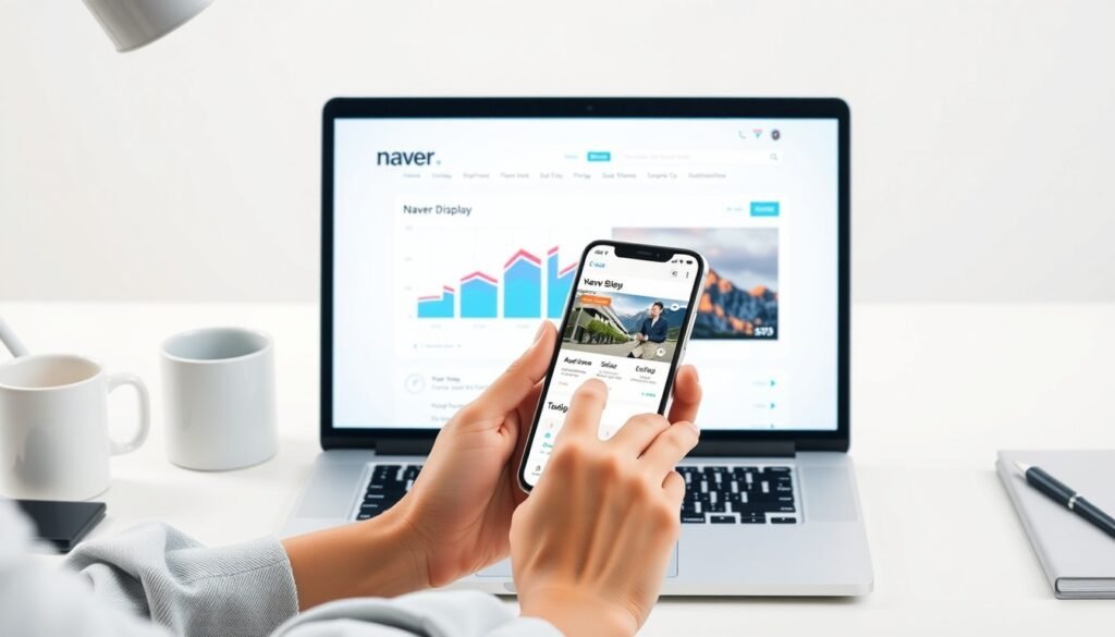 네이버 디스플레이 광고 - flat lay of smartphone and laptop displaying Naver display advertising dashboard on white desk, naver blog monetization concept