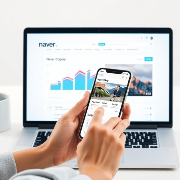 네이버 디스플레이 광고 - flat lay of smartphone and laptop displaying Naver display advertising dashboard on white desk, naver blog monetization concept