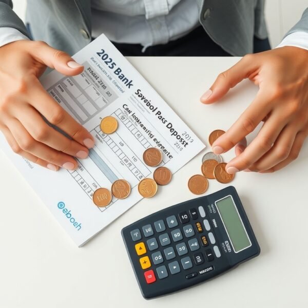 복리식 정기예탁금 - flat lay of Korean bank passbook, coins and calculator on white desk, compound interest savings deposit concept