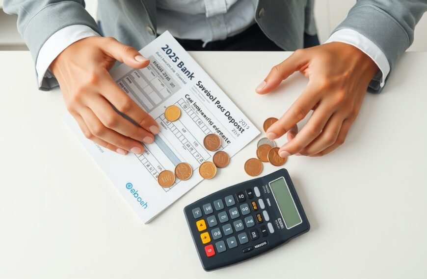 복리식 정기예탁금 - flat lay of Korean bank passbook, coins and calculator on white desk, compound interest savings deposit concept