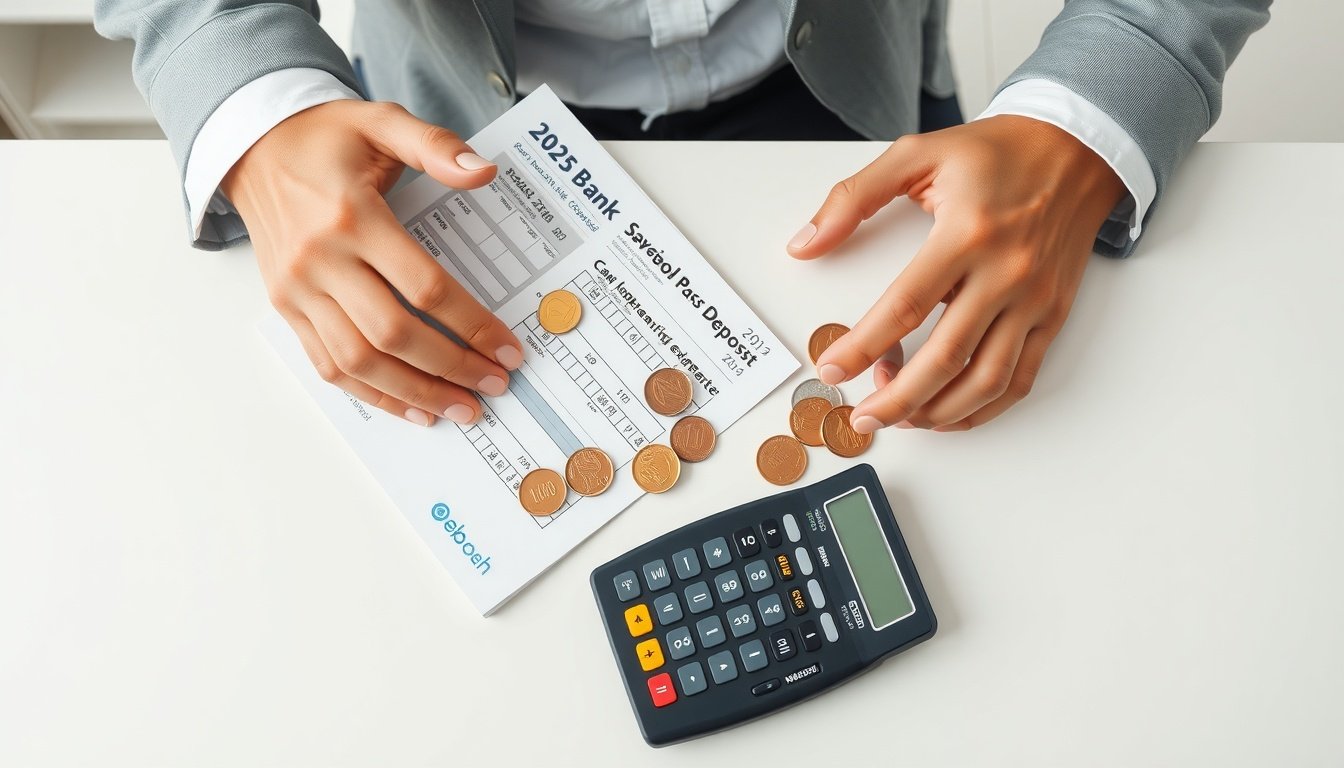 복리식 정기예탁금 - flat lay of Korean bank passbook, coins and calculator on white desk, compound interest savings deposit concept