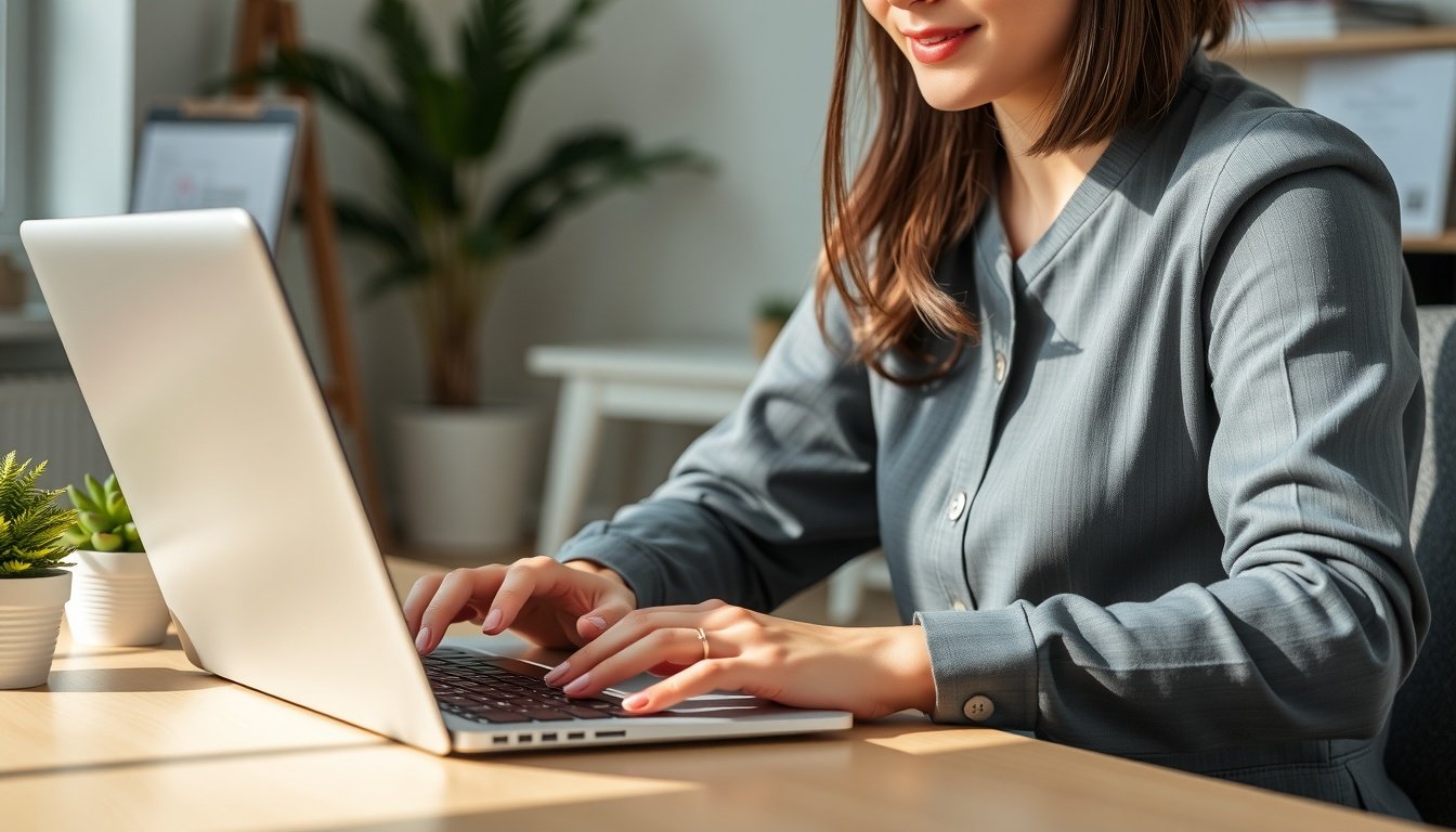 쇼피파이 - Korean woman upper body shot with face visible, working on Shopify store setup on laptop at desk, natural hands