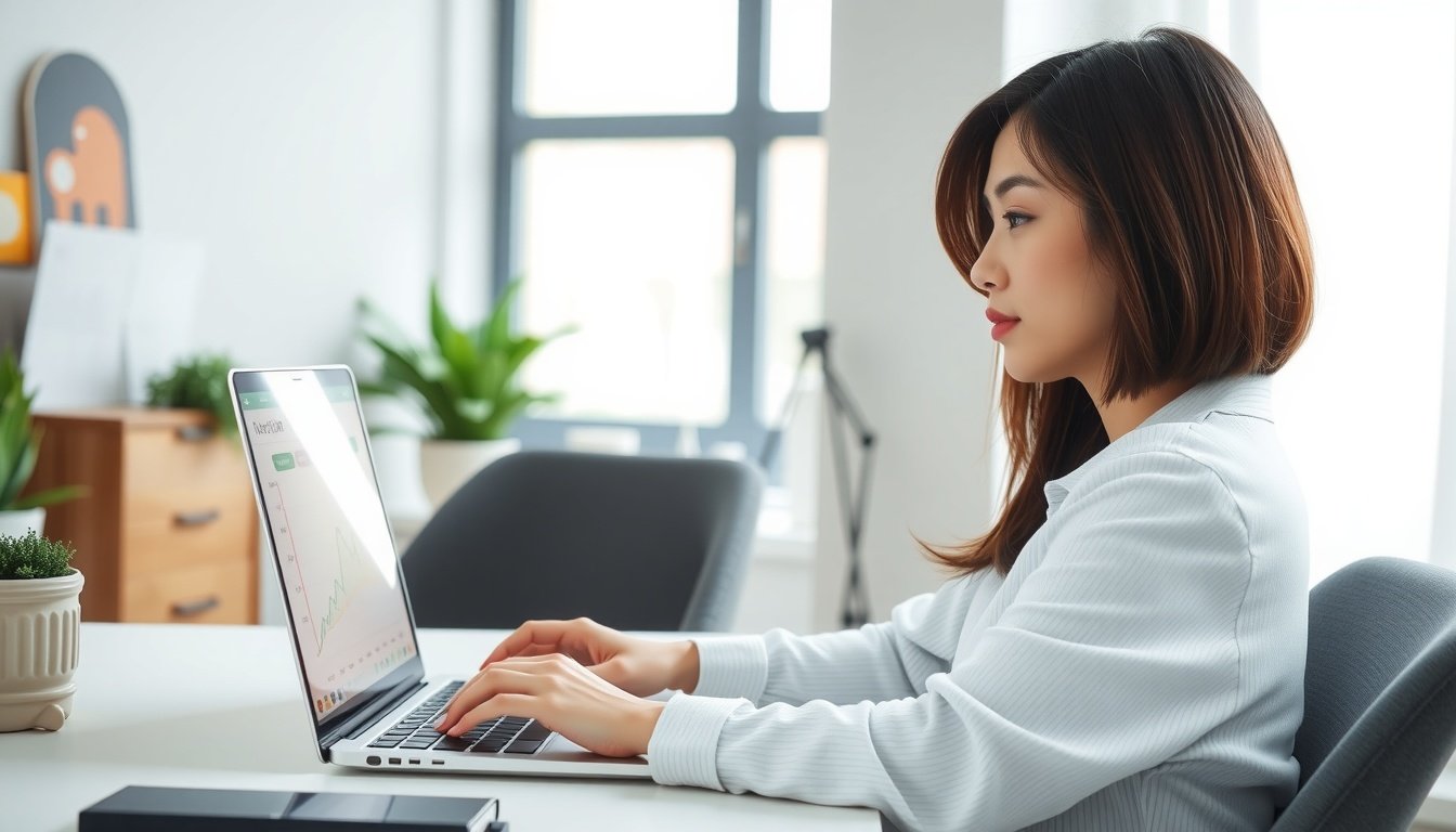 구글챗GPT 스마트스토어 상품 설명 작성 - Korean woman upper body shot with face visible, looking at laptop screen showing product page analytics in bright home office, natural hands